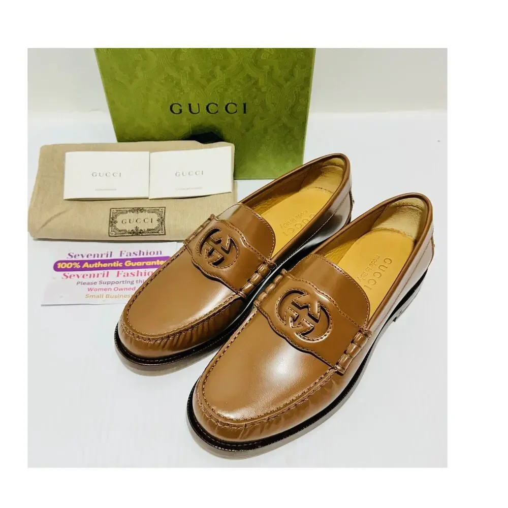 NIB Gucci Interlocking G Size 7.5 US 8 Brown Leather Loafers Slip-On Shoes